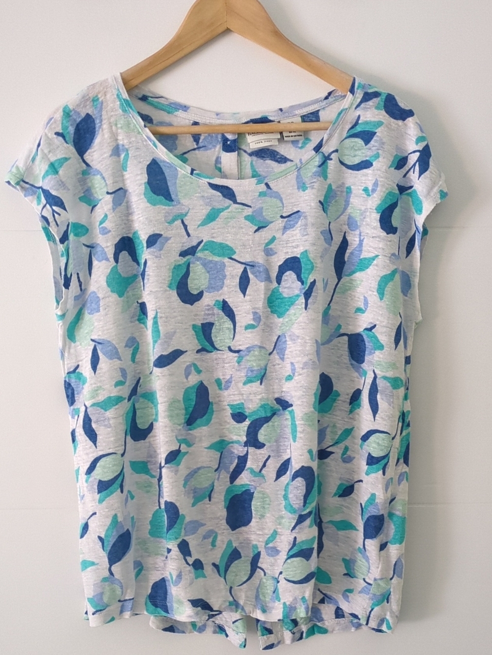 Rachel Zoe Light Blue Teal Navy Floral Linen Short Sleeve Top Beach Summer Sz XL